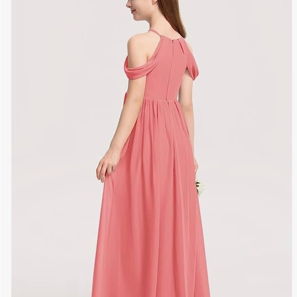 Off the shoulder junior bridesmaids dress.